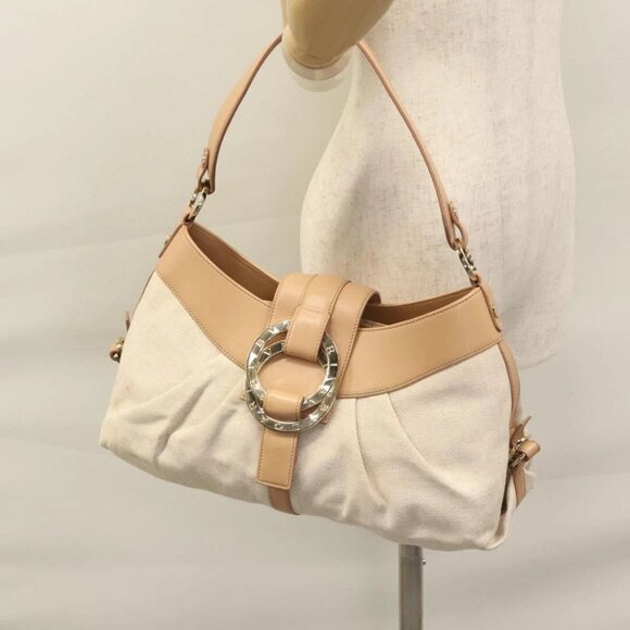 BVLGARI Chandra Shoulder Bag Canvas Beige Auth 113047